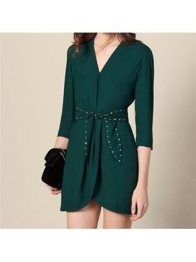 (NWT) Sandro Paris “Prunel” Belted Wrap Dress in Emerald Green - EU 40